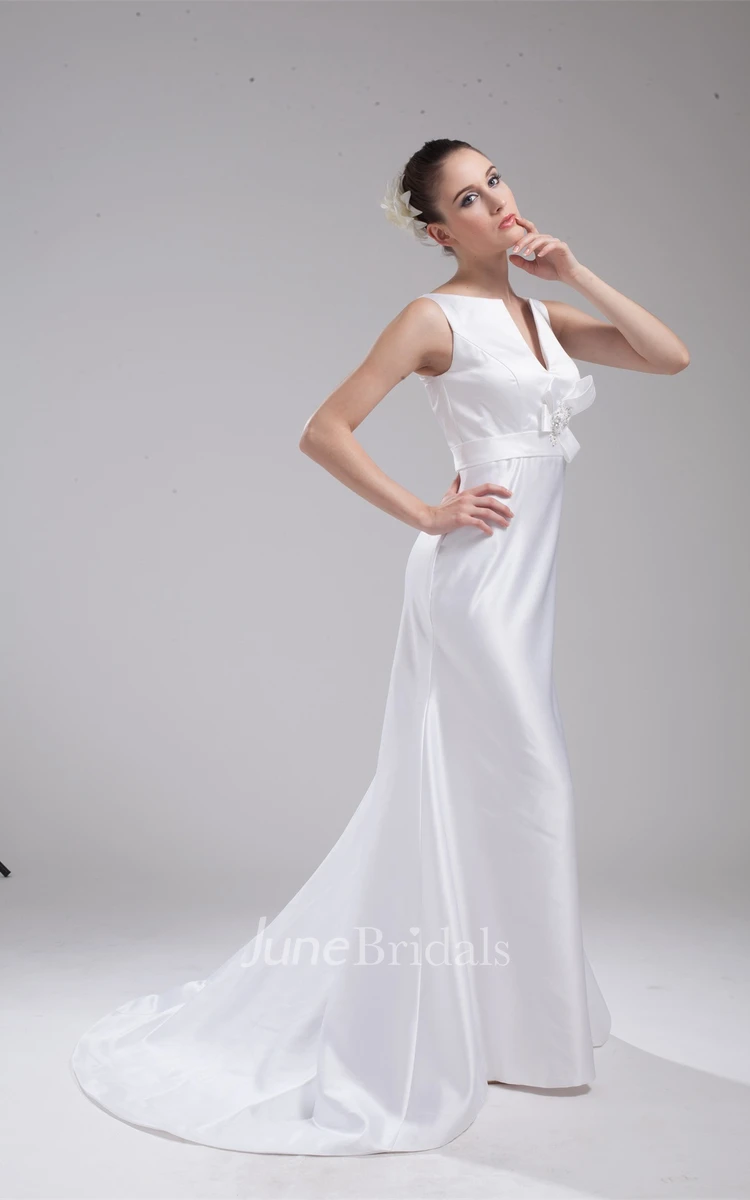 Notched Sleeveless Satin Maxi Dress with Beading and Bow