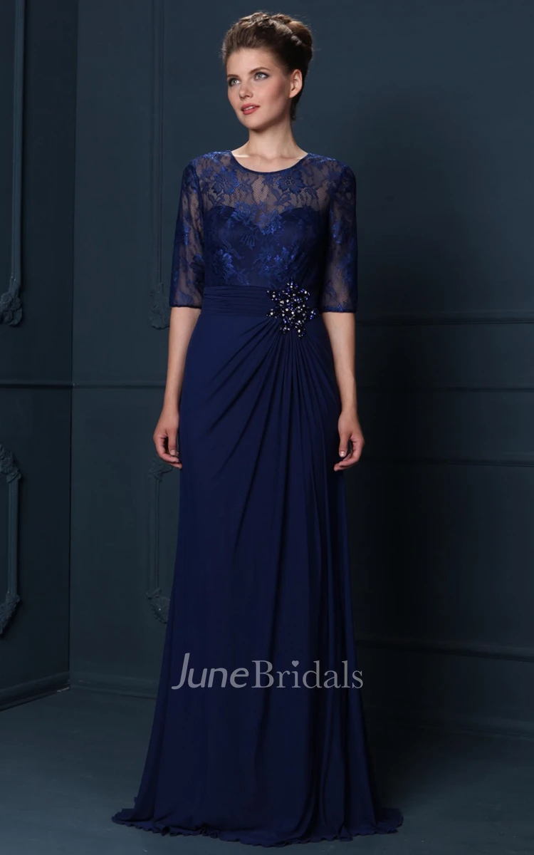 Jewel-Neck Lace Half Sleeve Chiffon Dress With Draping
