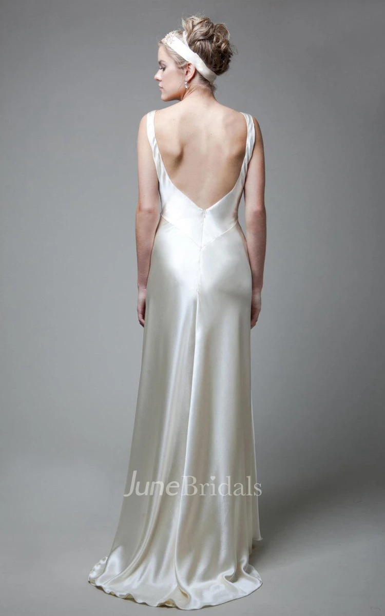 V-Neck Empire Sleeveless Deep-V Back Sheath Long Satin Wedding Dress