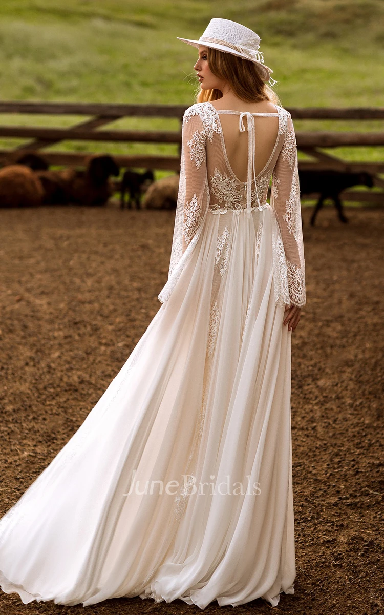 Casual Floor-length Long Sleeve Tulle A Line Open Back Wedding Dress with Appliques