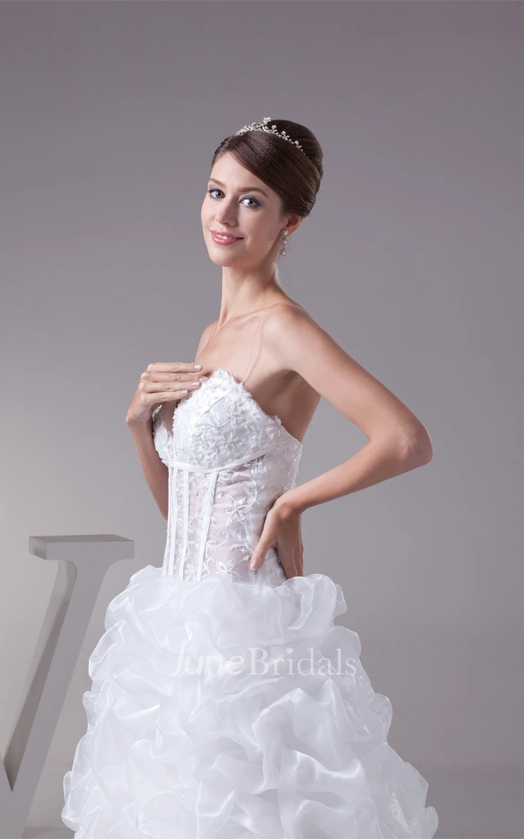 Plunged Ruffled Ball Gown with Appliques and Illusion Bodice