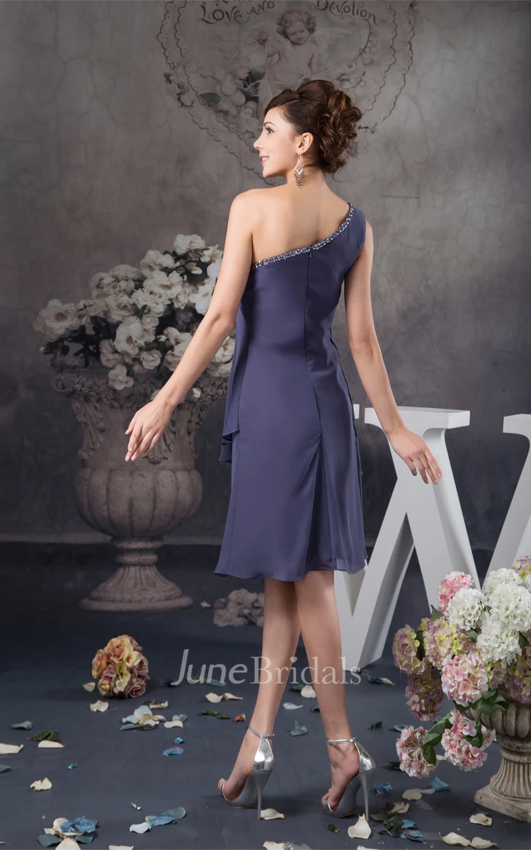One-Shoulder Chiffon Knee-Length Dress with Beading and Draping