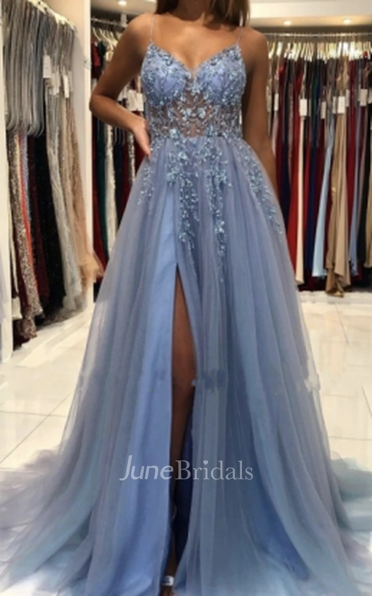 A-Line Spaghetti V-neck Lace Tulle Beach Prom Dress Sexy Elegant Romantic Adorable With Appliques Split Front And Sleeveless