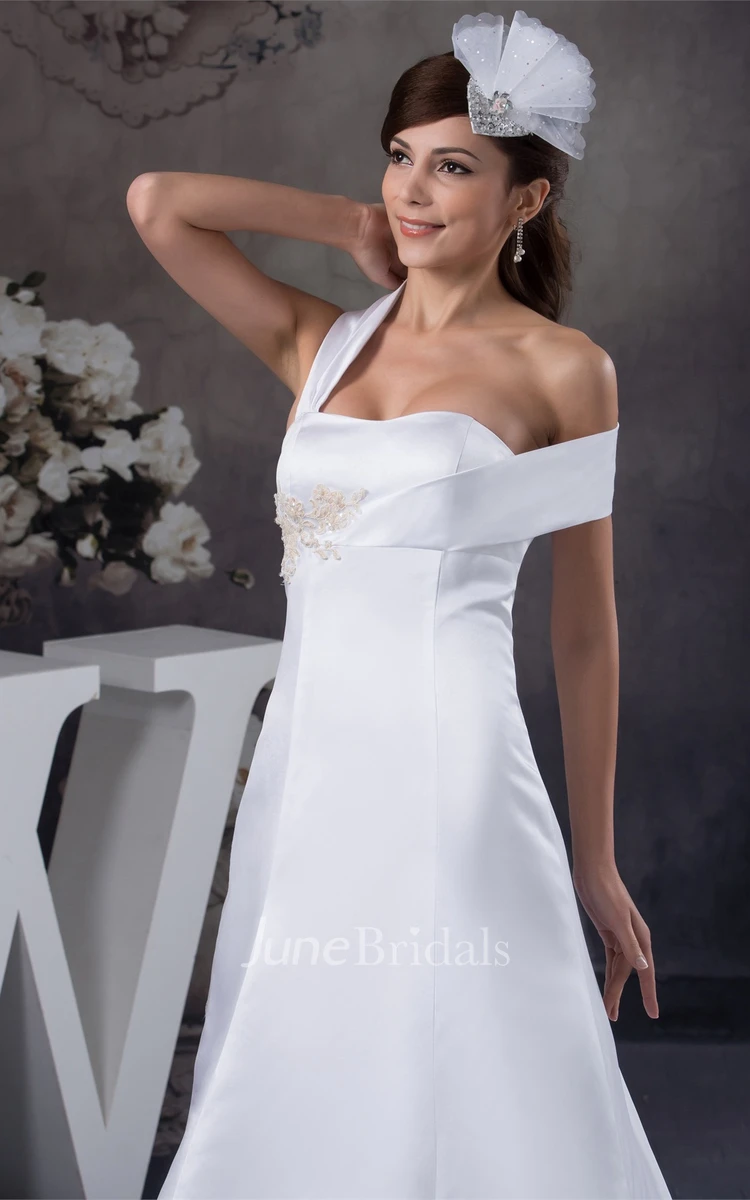 Satin Single-Strap A-Line Gown with Appliques and Court Train