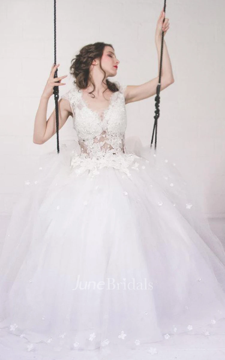 Tulle Beaded Floral Lace Backless Zipper Wedding Dress
