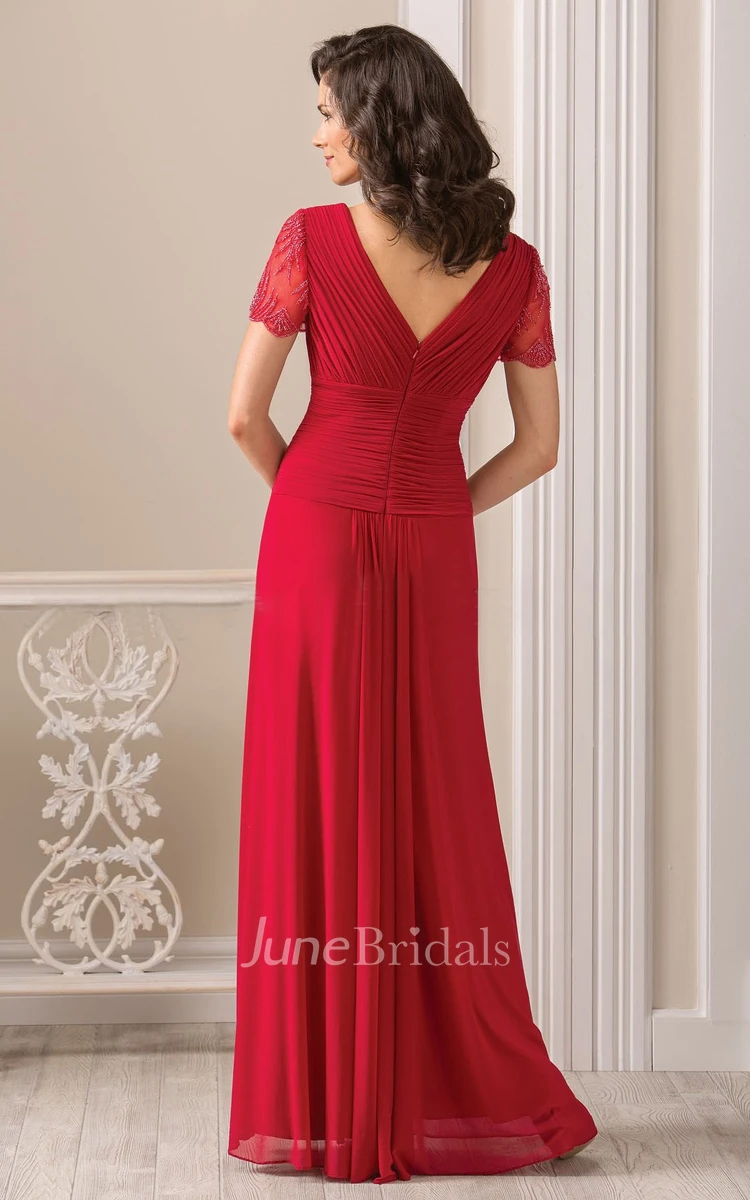V-neck Short Sleeve Chiffon Floor-length Dress With Beading And Pleats