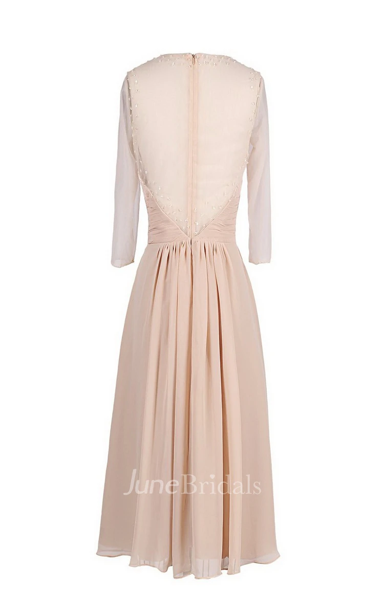 3 4 Sleeve Chiffon Dress With Embroidered Bodice