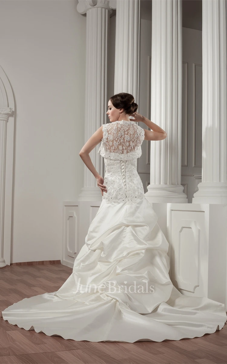 Long-Sleeve Pick-Up Lace Appliques Dress with Beading and Bolero