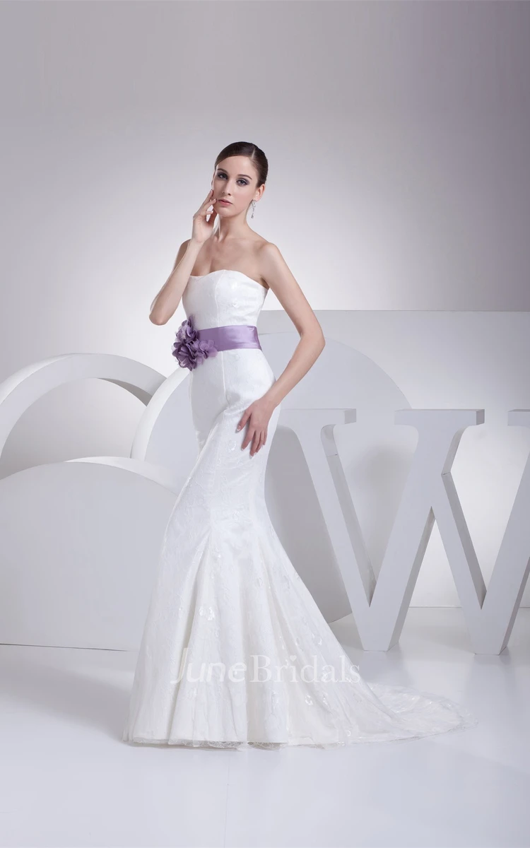 Strapless Appliqued Dress with Floral Waist and Trumpet Silhouette