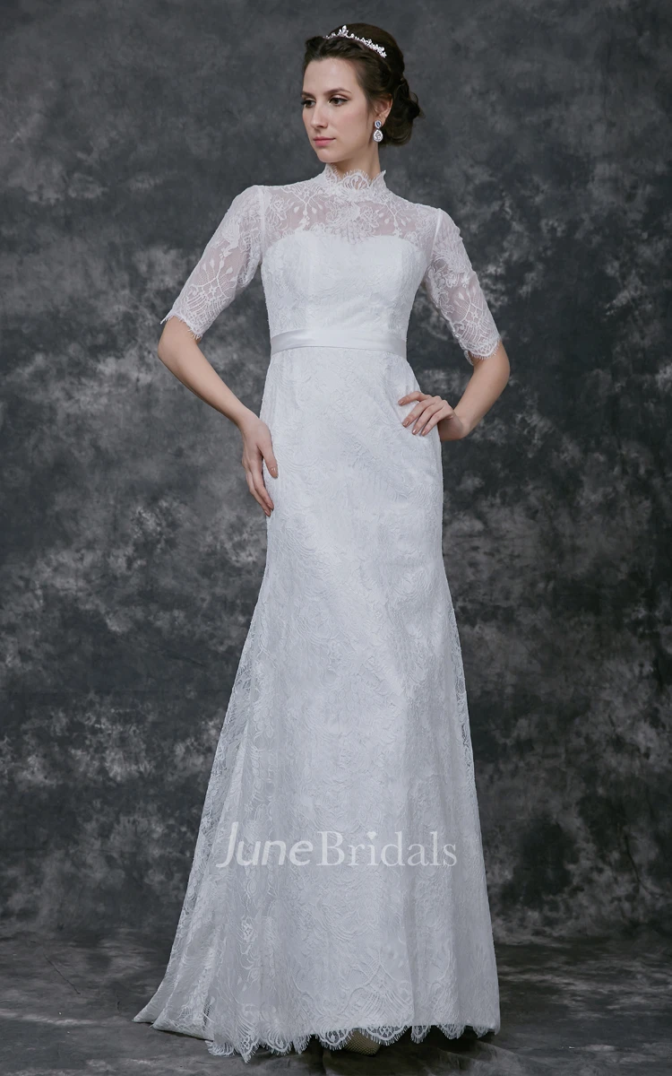 Gorgeous Long Sleeve Pleated Long Lace Dress With High Neck