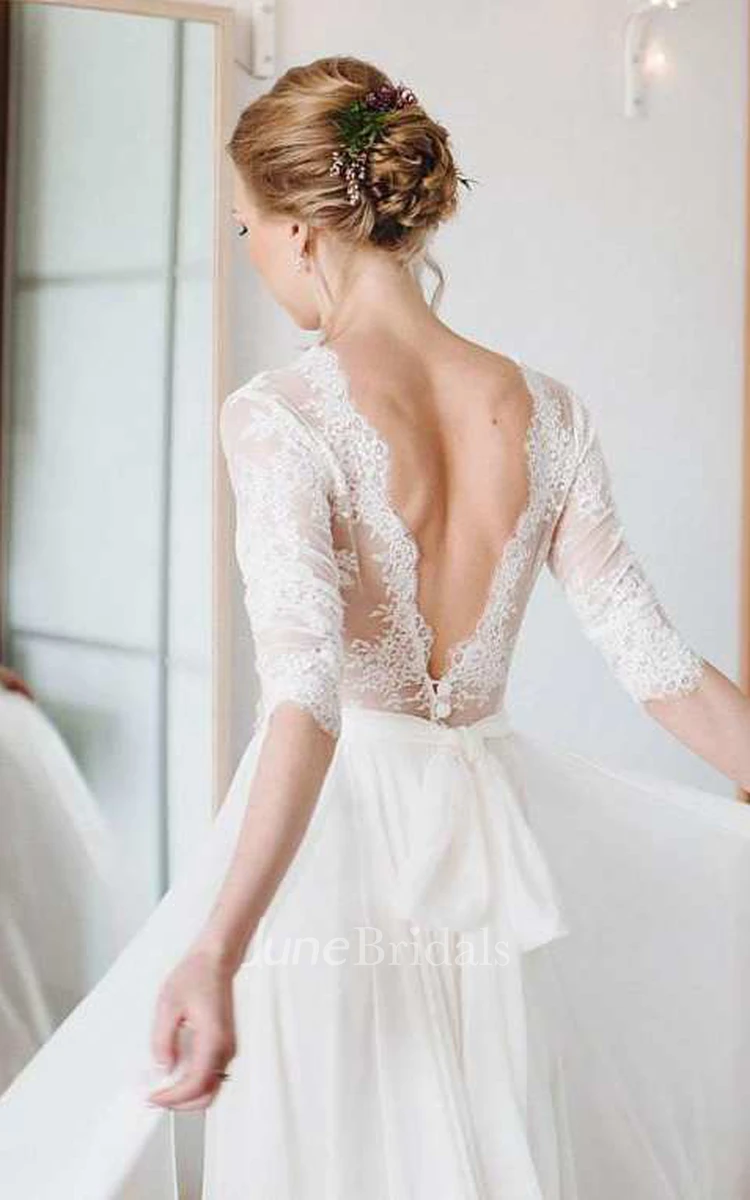 Lace Half Sleeve Chiffon Floor-Length Dress With Deep-V Back