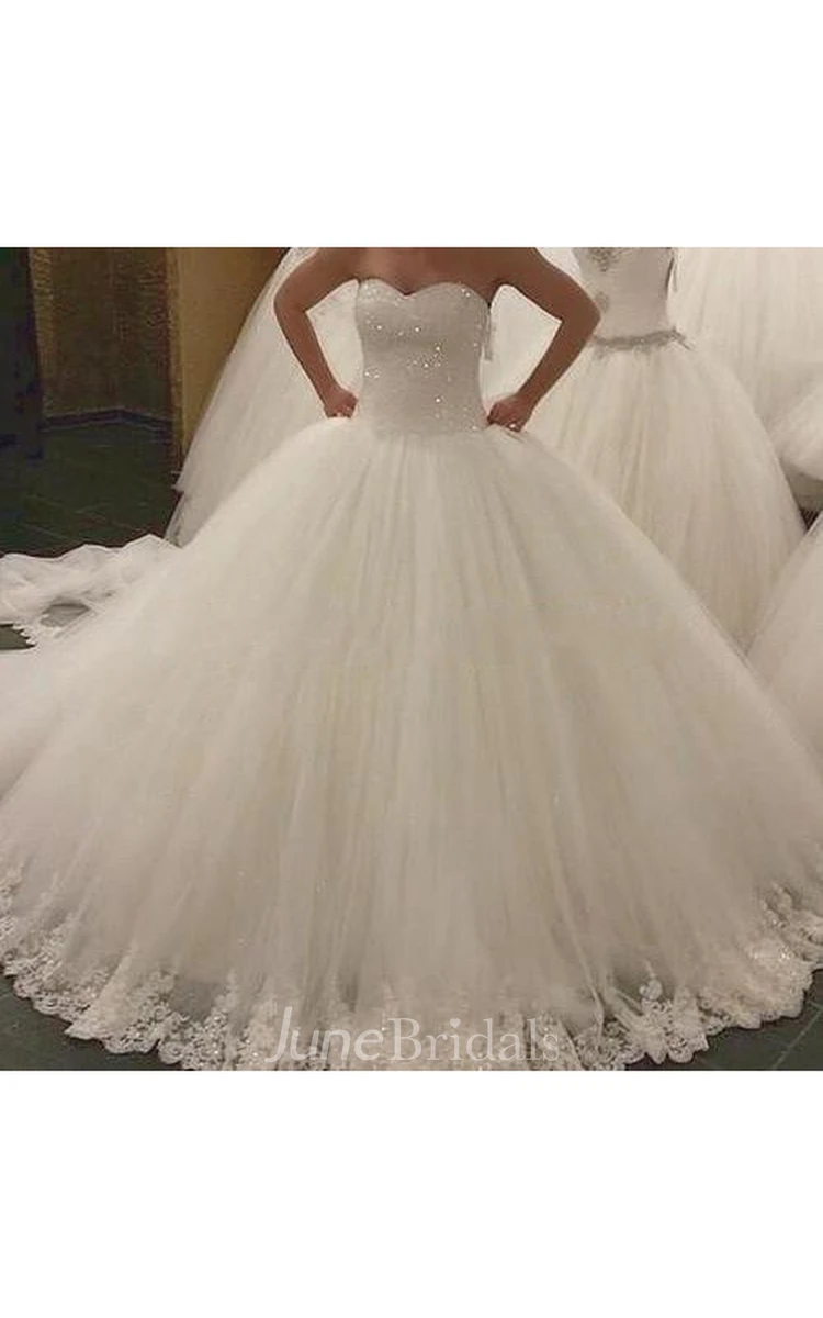 Stunning Sweetheart Pleated Tulle Ball Gown With Lace Hemline and Beading