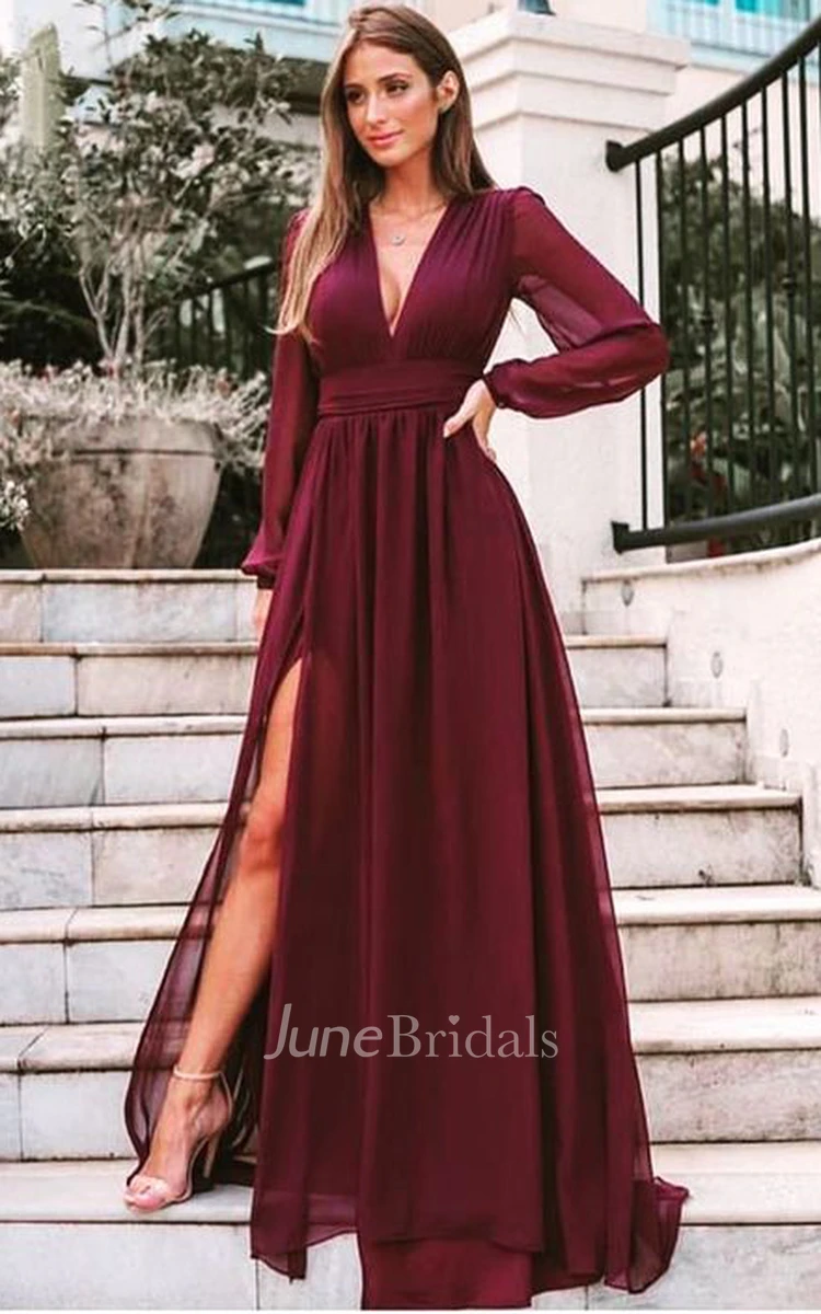 Casual A Line Chiffon V-neck Long Sleeve Evening Dress with Pleats and  Split Front - June Bridals