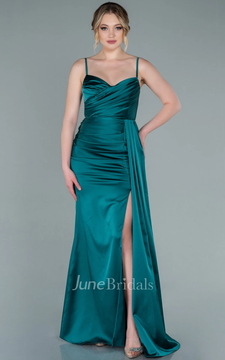 Simple Sheath Spaghetti Satin Formal Dress With Open Back And Ruching
