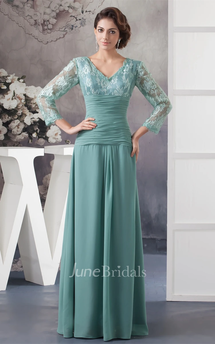 V-Neck Appliqued Chiffon Long Dress with Illusion Neckline