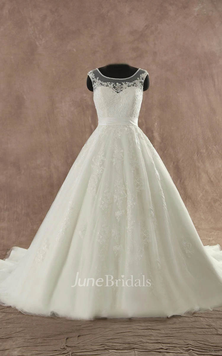 Jewel Sleeveless Button Back Lace Wedding Dress With Sash And Appliques