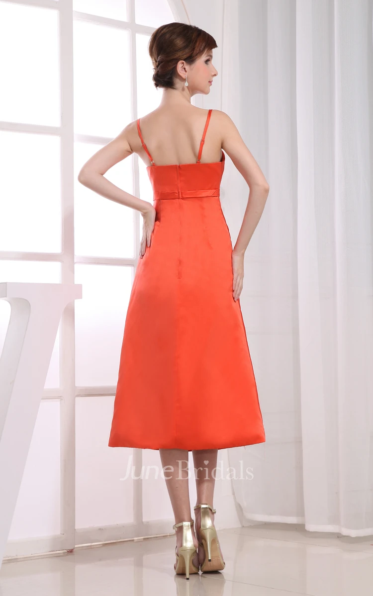 Sleeveless Satin Tea-Length Dress With Spaghetti Straps