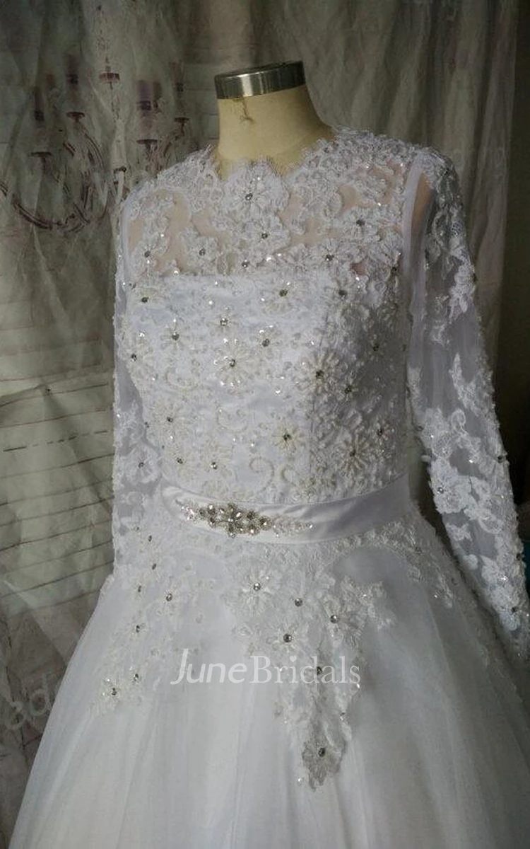 Jewel Illusion Sleeve Button Back Tulle Wedding Dress With Sequins And Sash