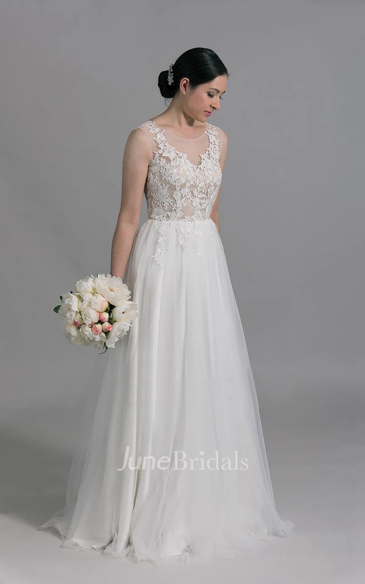 Scoop Neck Sleeveless A-Line Tulle Wedding Dress With Venice Lace Appliques