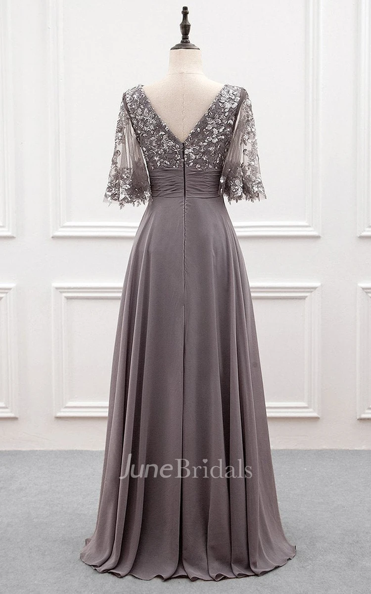 Casual A Line Chiffon Floor-length Half Sleeve Zipper Formal Dress with Sequins