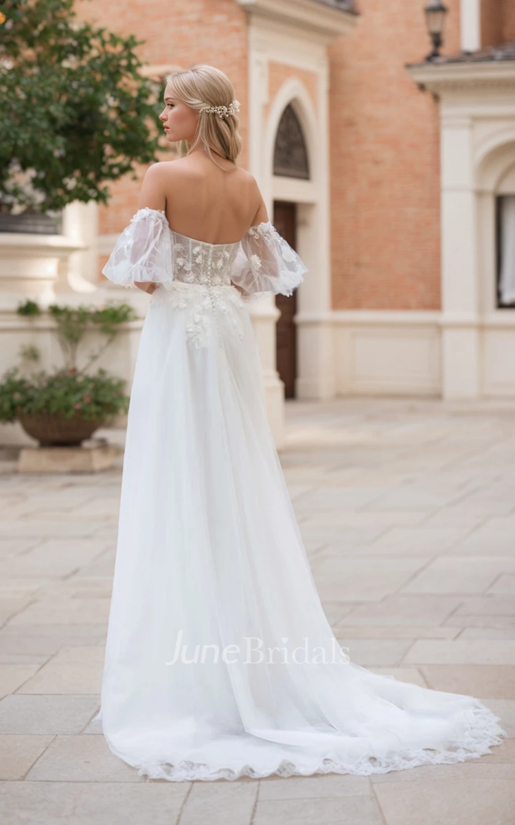 Romantic Sexy A-Line Lace Tulle Spring Wedding Dress Off Shoulder Puff Sleeves Open Back Bridal Gown