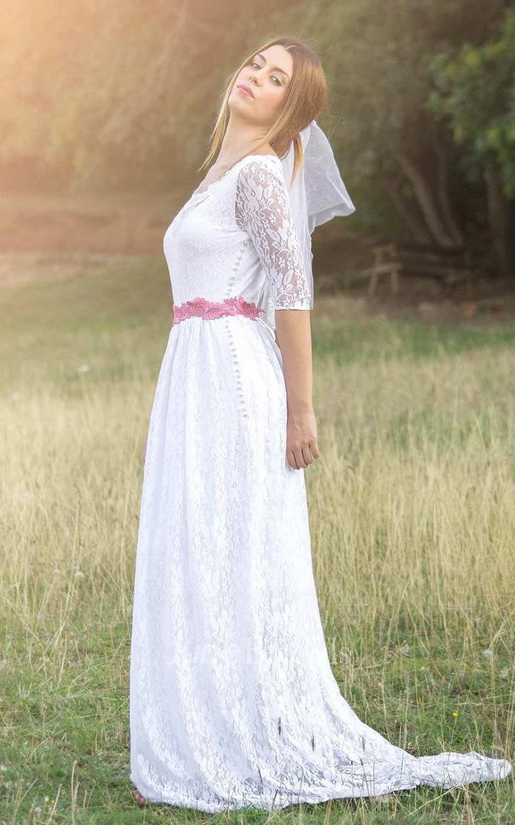 Boho Lace Sheath Floor-Length Wedding Dress With Illusion And Appliques