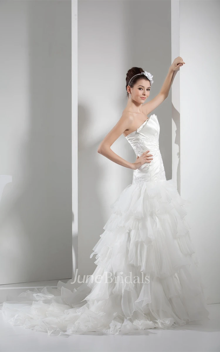 Strapless Tiered A-Line Ball Gown with Bow and Appliques