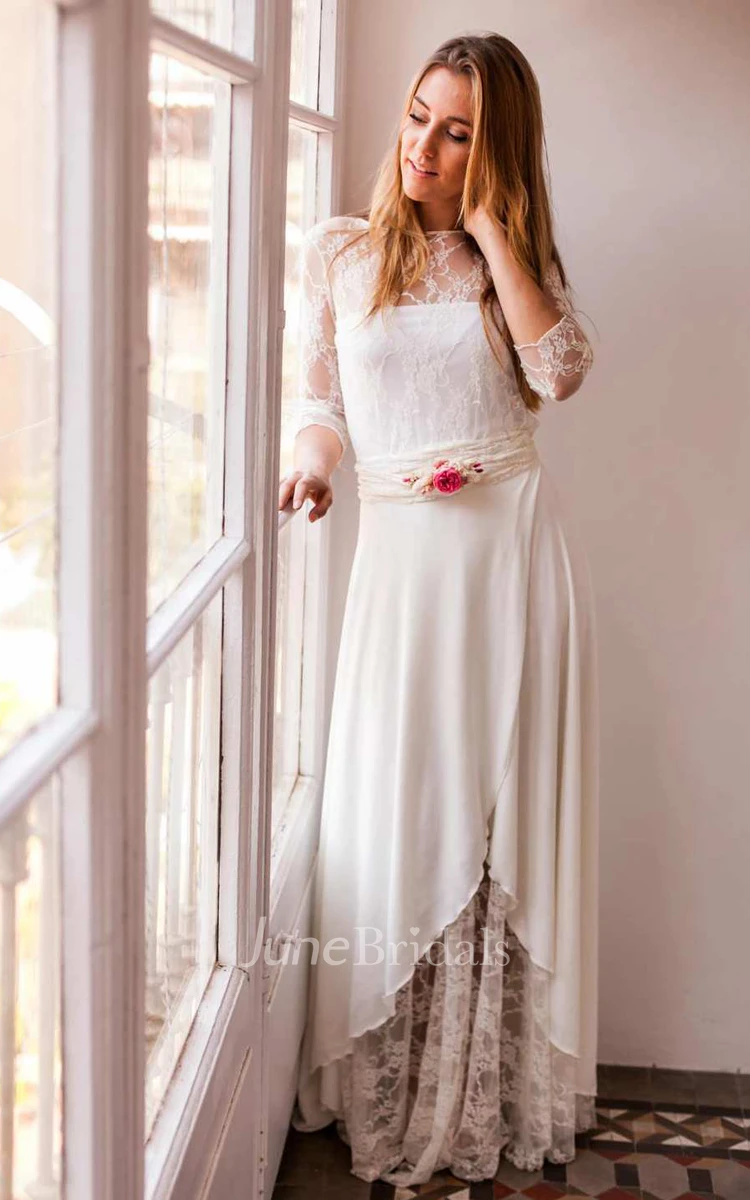 Bateau Lace Illusion Chiffon Floor-Length Wedding Dress With Pleats