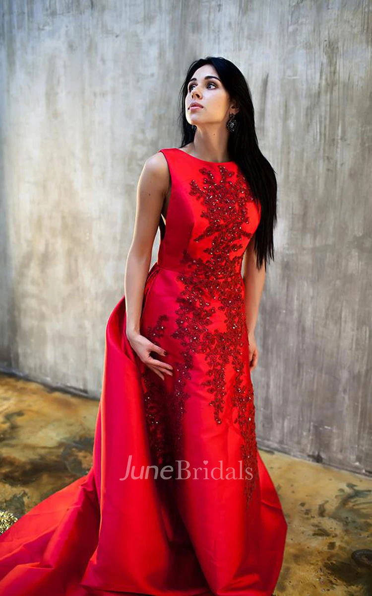 Vintage Red Sleeveless Appliques Evening Dress Long Train