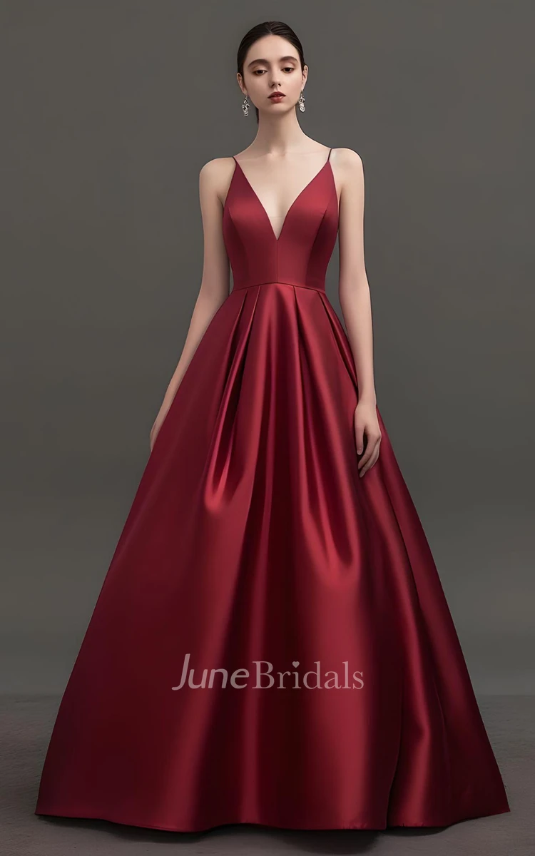 Simple A Line Spaghetti V-neck Satin Sleeveless Prom Dress with Sweep Train Casual Sexy Ethereal Modern Floor-length