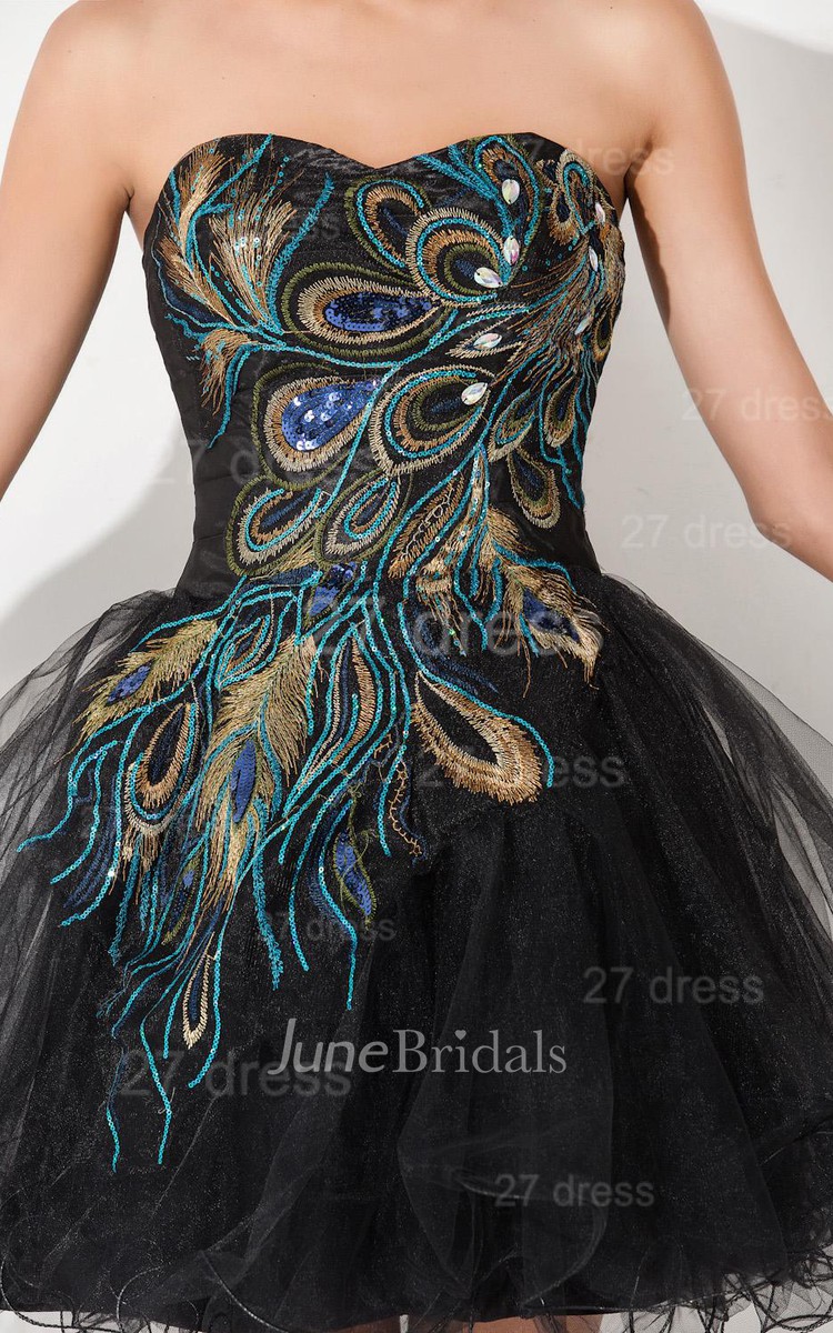 Sexy Black Sweetheart Short Tulle Homecoming Dress Peacock Design June Bridals