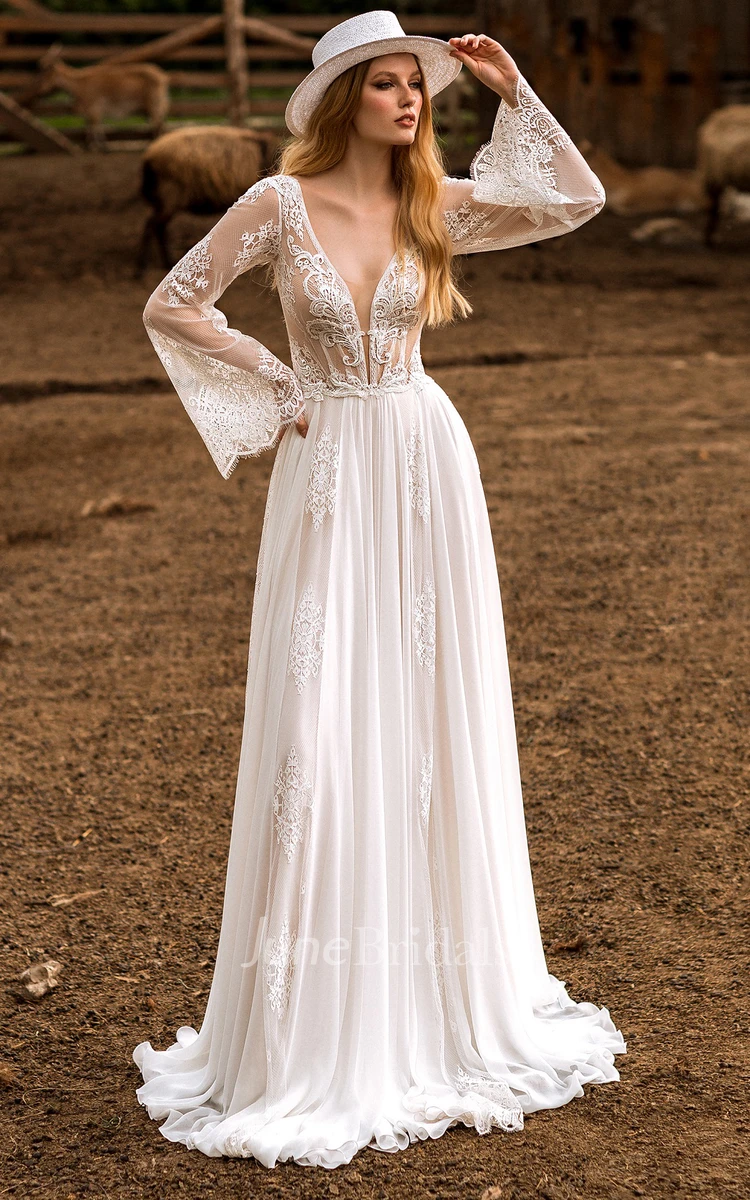 Casual Floor-length Long Sleeve Tulle A Line Open Back Wedding Dress with Appliques