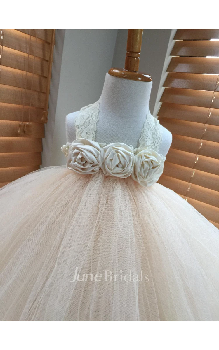 Sleeveless Satin Rosette Bodice Tutu Dress With Pleats and Lace Straps