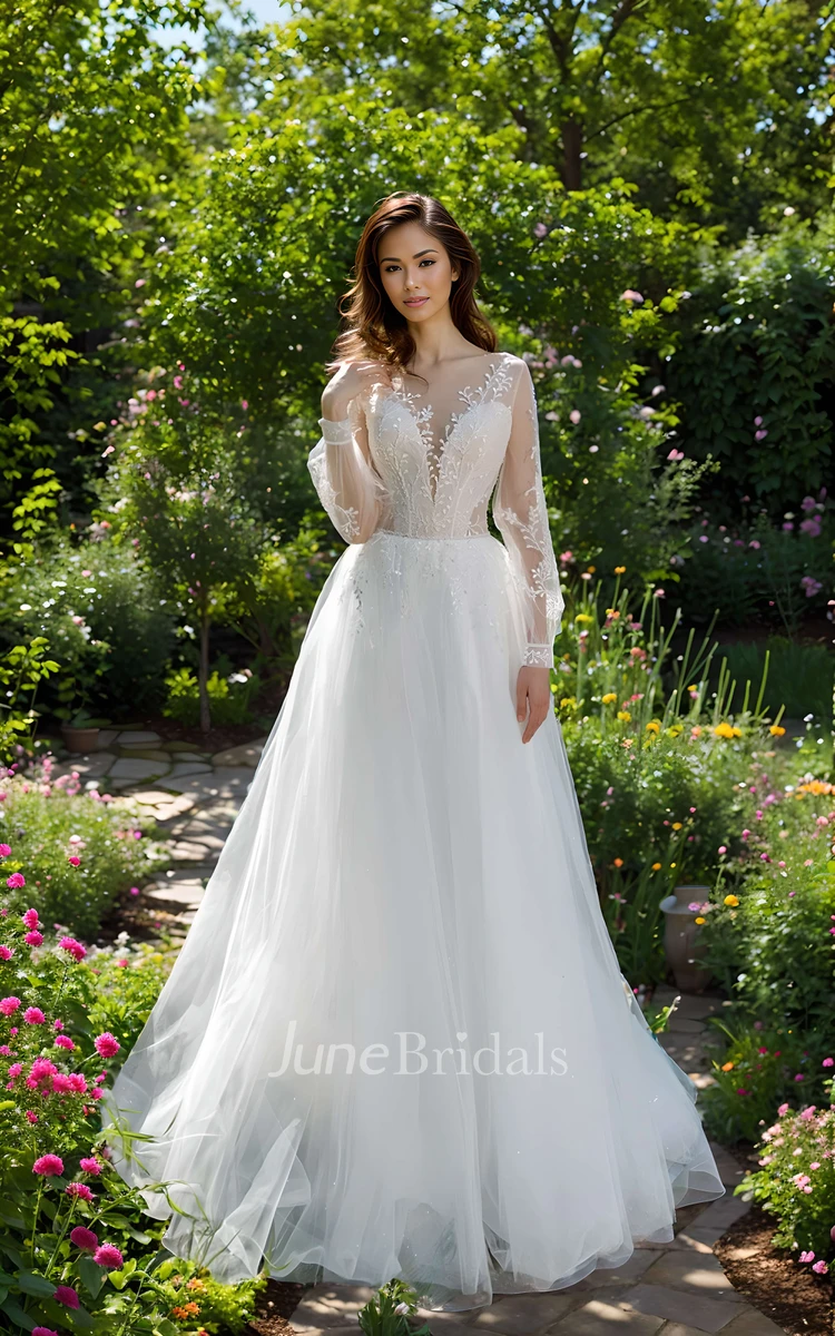 Elegant Modest A-line Lace Wedding Dress Long Sleeve Bateau Plunge Train Gown