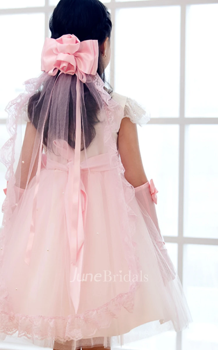 Princess Ruffled Lace Tier Tulle Flower Girl Veil with Bow