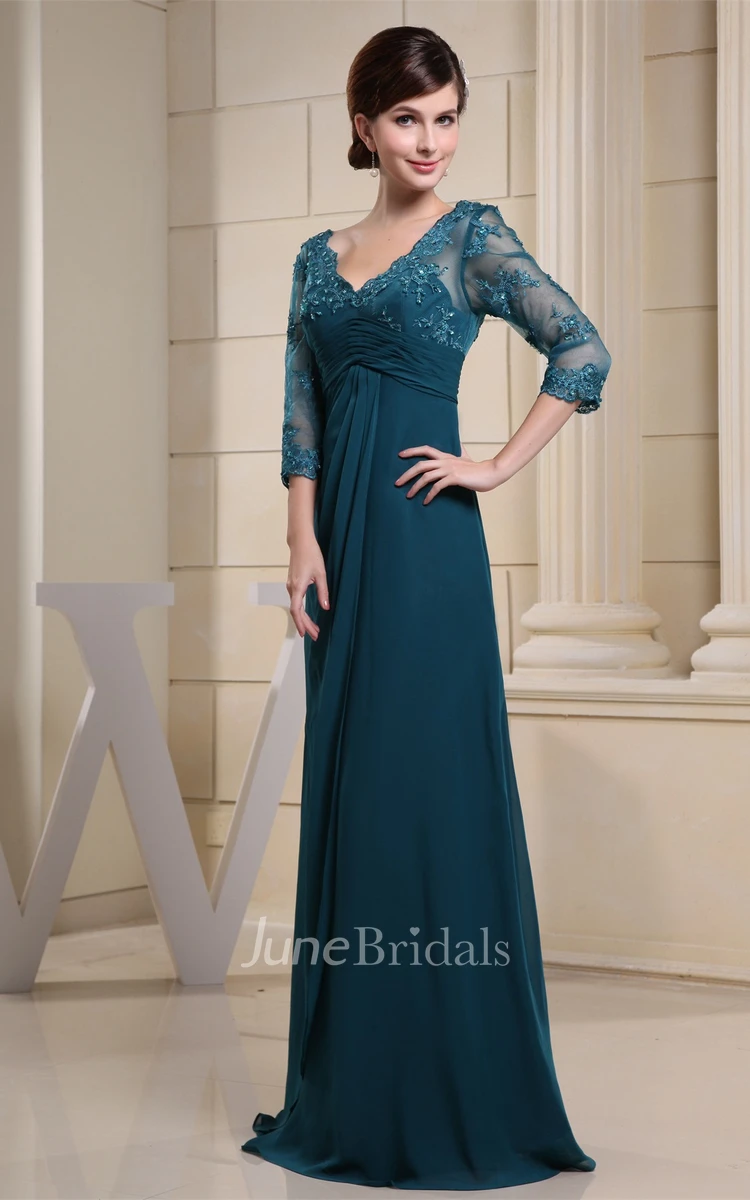 V-Neck Empire Floor-Length Dress with Appliques and Illusion Sleeve