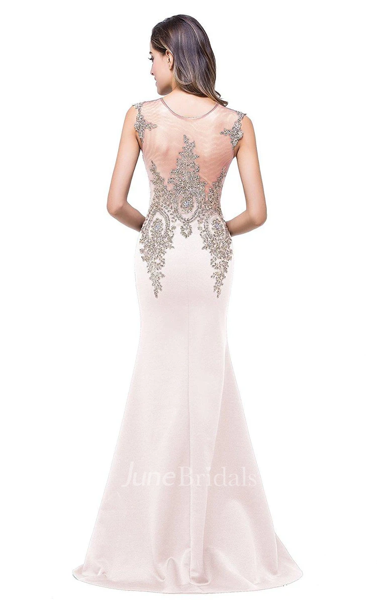 Mermaid Sleeveless Lace Appliques Satin Long Dress