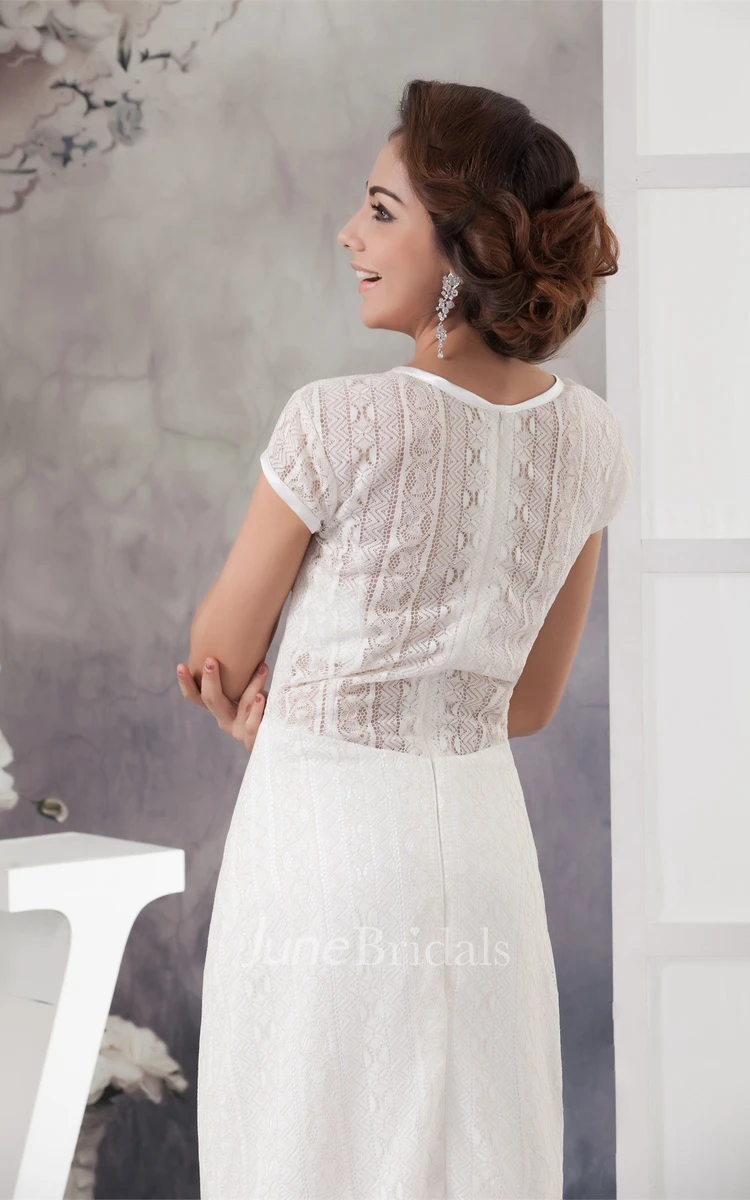 Plunged Caped-Sleeve Sheath Dress with Lace and Brush Train