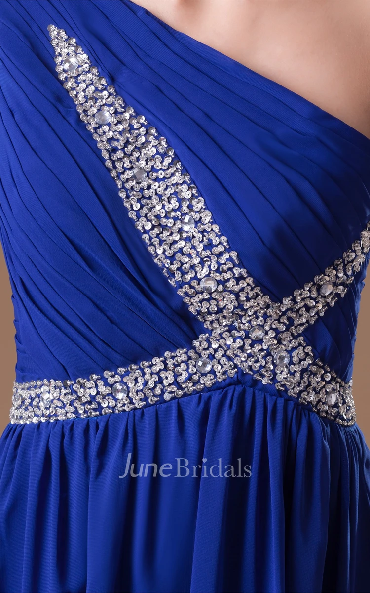 one-shoulder floor-length chiffon dress with strass