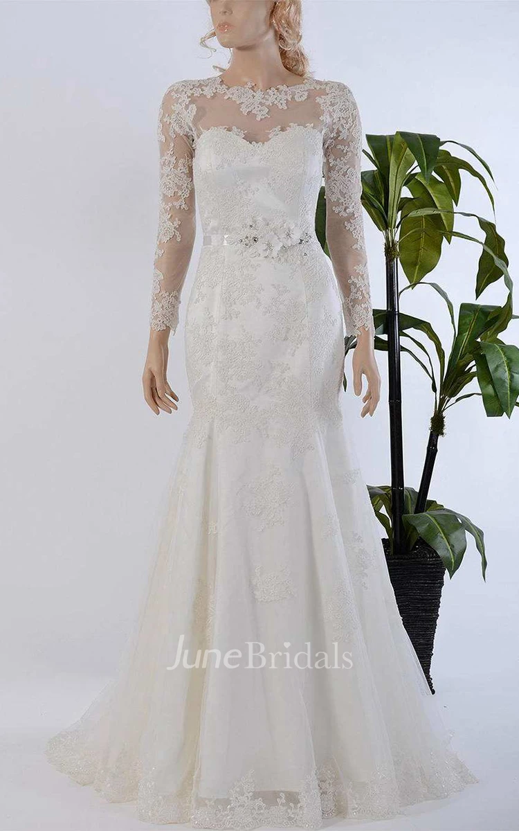 Jewel-Neck Lace Long Sleeve Illusion Mermaid Wedding Dress With Sweep Train