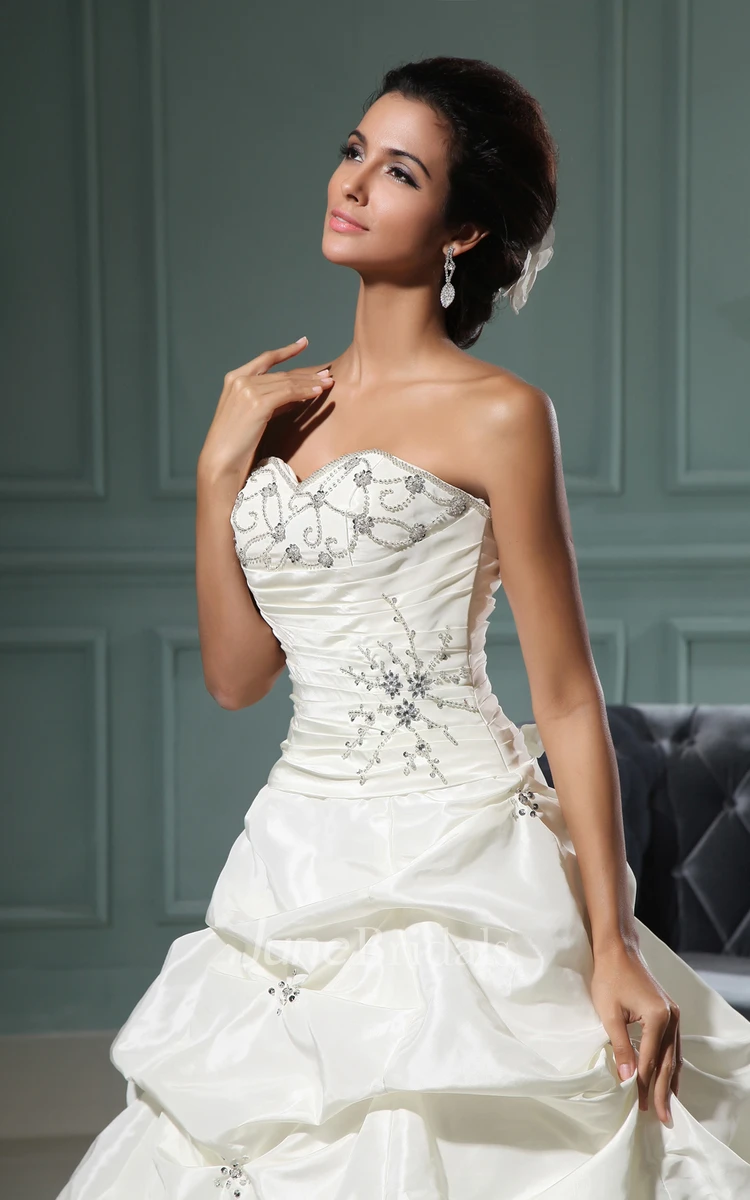 Sweetheart Sleeveless Pick-Up A-Line Gown With Lace And Ruching