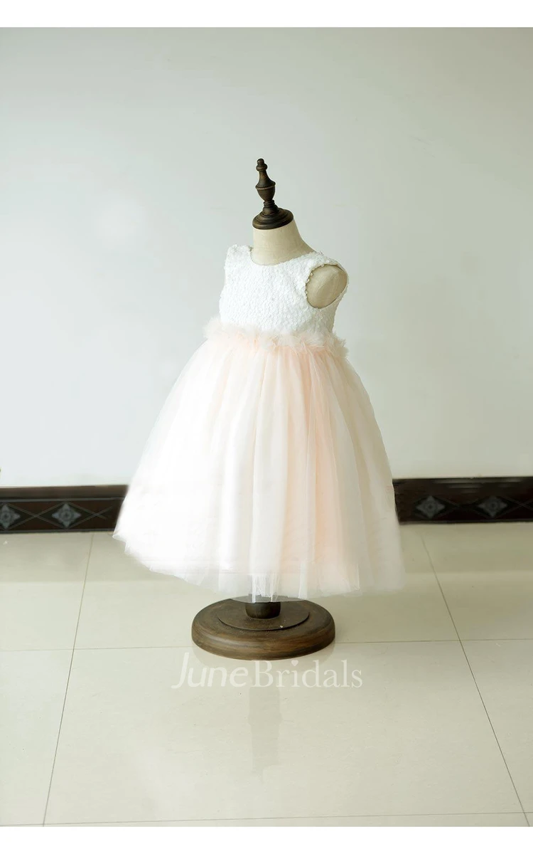 Sleeveless Jewel Neck Ivory Over Blush Tulle Ball Gown Dress