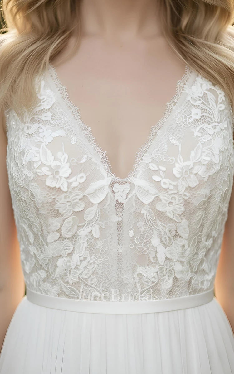 A-Line Lace Wedding Dress V-Neck Sleeveless Chiffon Gown for Garden & Outdoor Wedddings