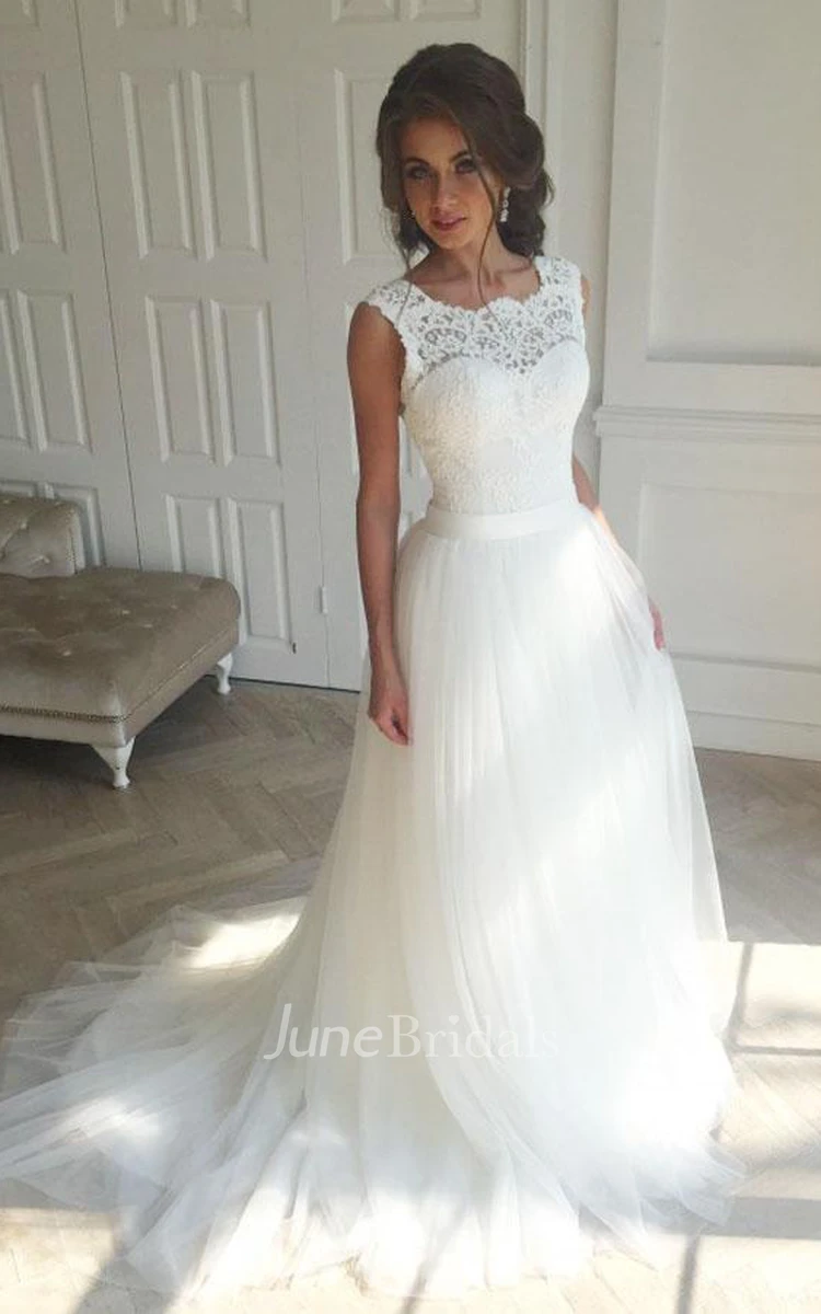 Sleeveless Lace White A-line Sweep Train Wedding Dress