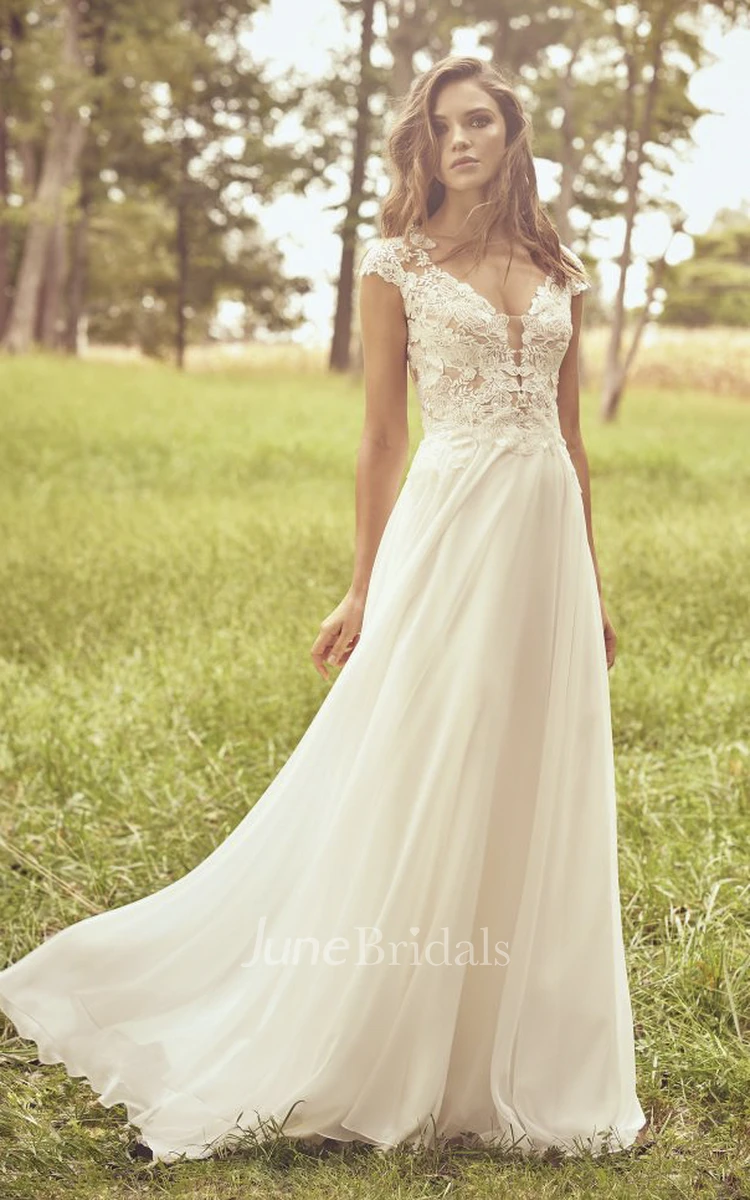 Chiffon wedding dress clearance with illusion lace sleeves