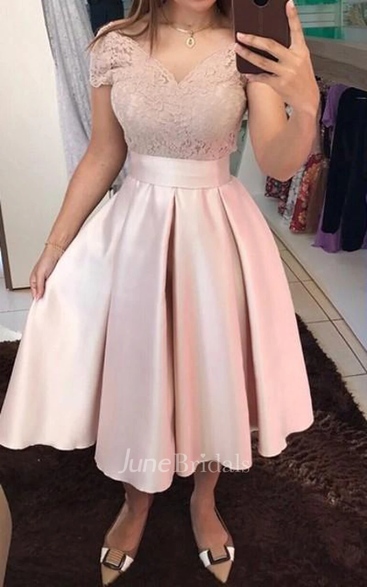 Elegant A Line Satin Lace V-neck Short Sleeve with Bows and Sash Homecoming Dress