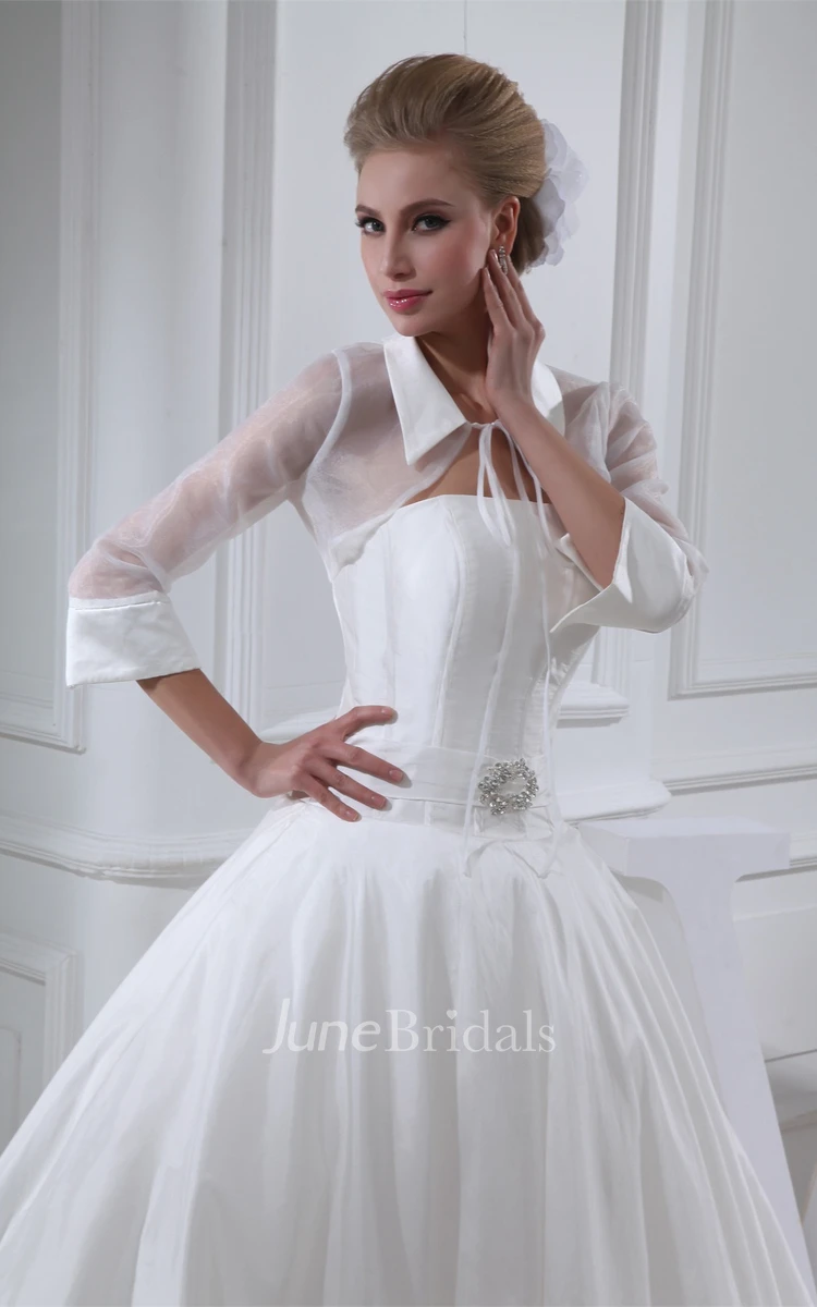 Ruched A-Line Collared Ball Gown with Broach and Illusion Sleeve