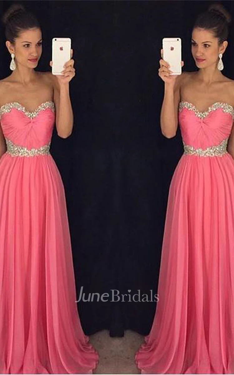 Newest Chiffon Pink Beadings A-line Evening Dress Sweetheart Sleeveless