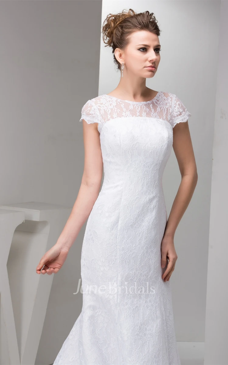 Short-Sleeve Lace Column Gown with Low-V Back