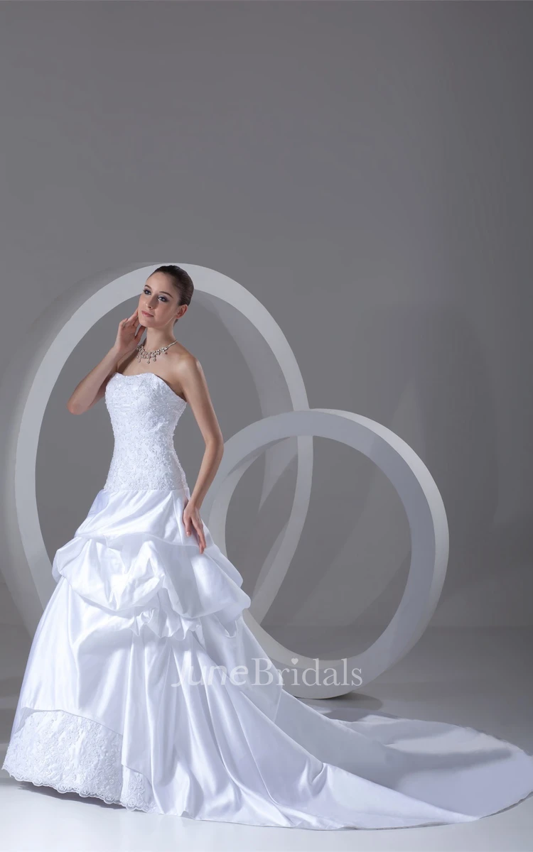 strapless ball pick-up gown with corset back and appliques